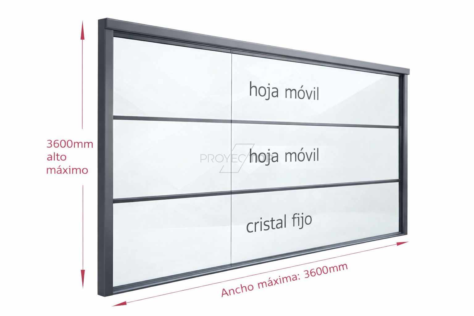 Esquema de barandilla de vidrio templado con dos paneles móviles y un panel inferior fijo
