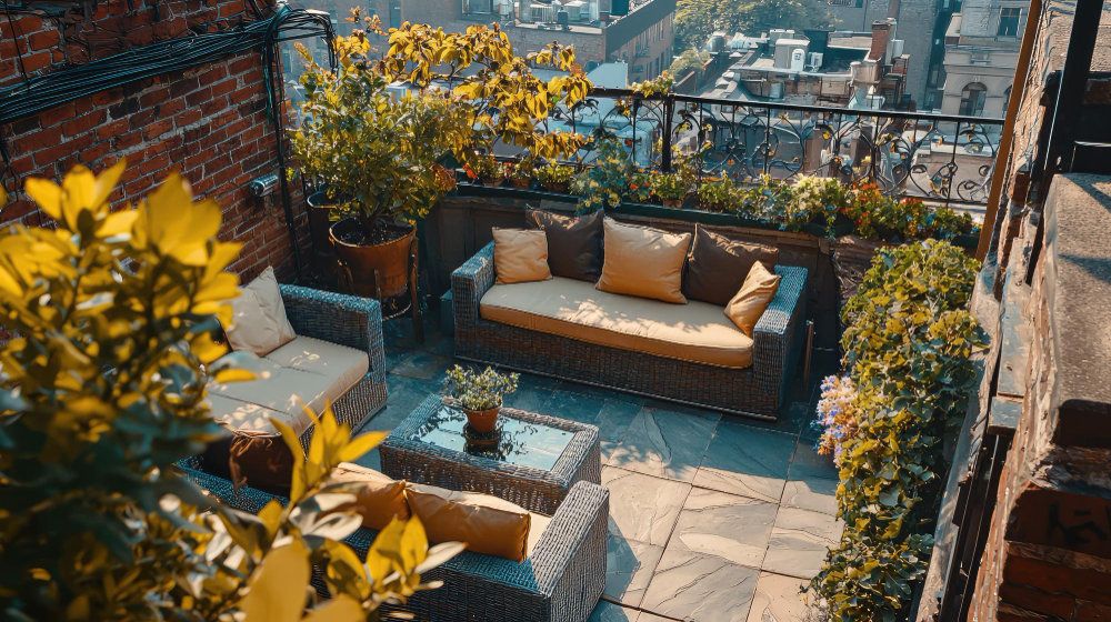 Terraza acogedora con plantas en vista en contrapicado en Madrid