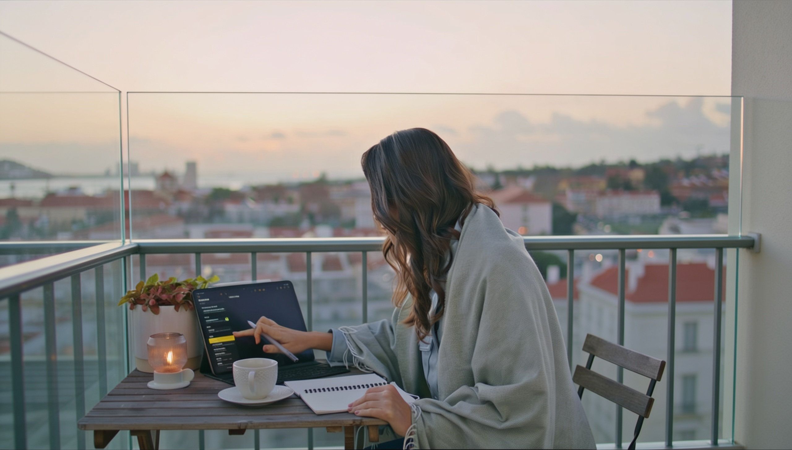 Mujer trabajando en una terraza acristalada al amanecer en Madrid