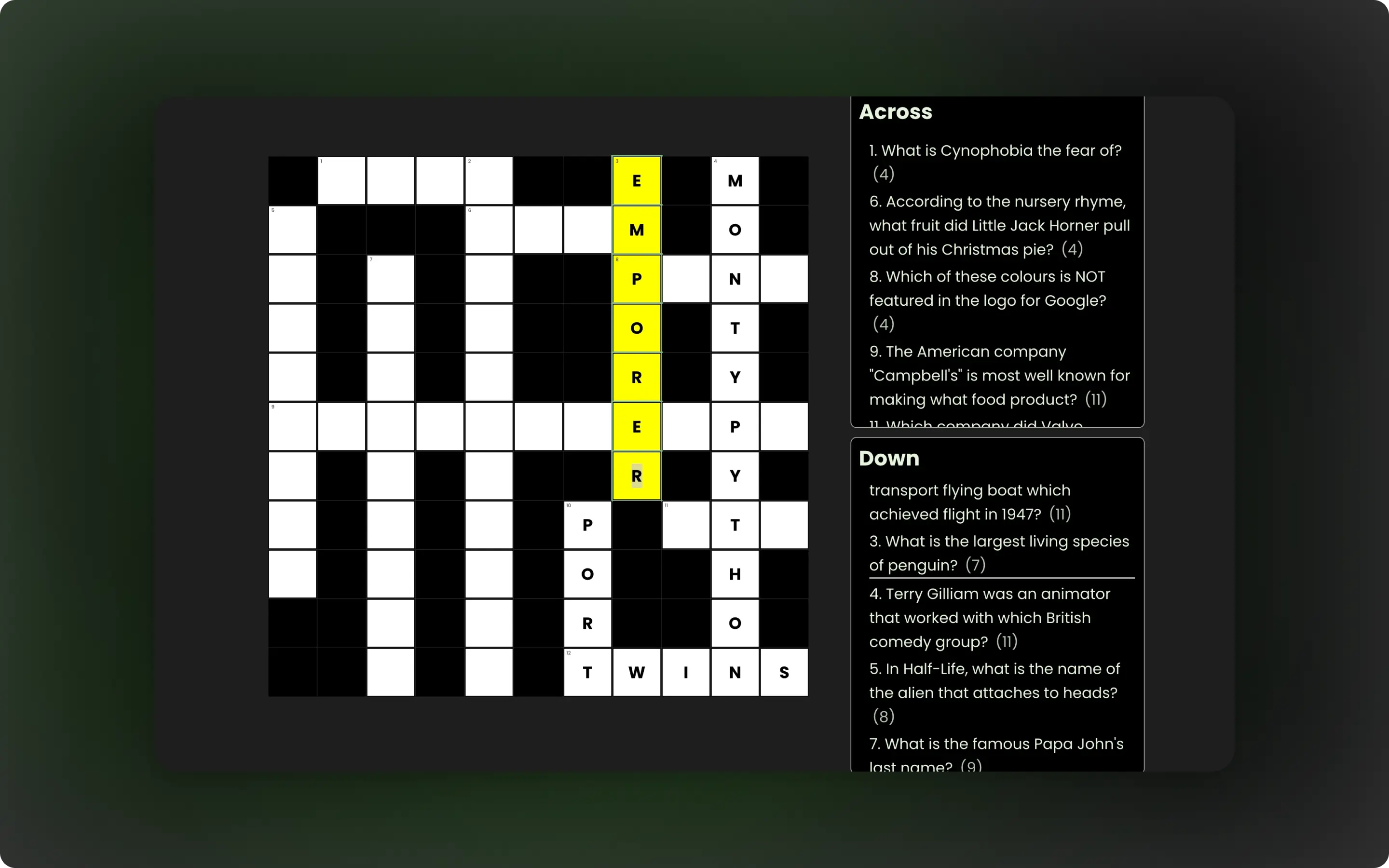 The application generates crossword layouts in real time using trivia data, rather than relying on predefined templates.