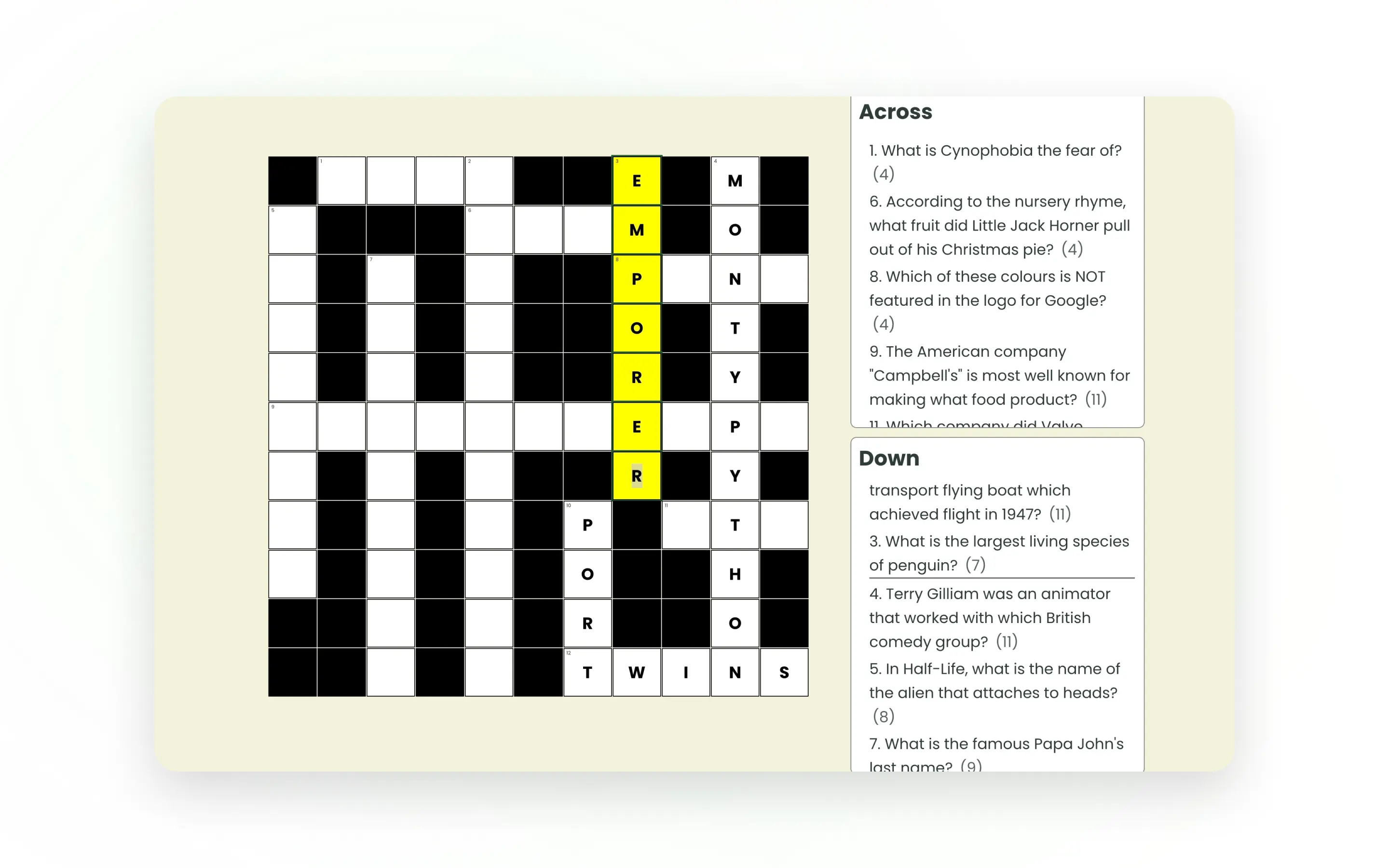 The application generates crossword layouts in real time using trivia data, rather than relying on predefined templates.