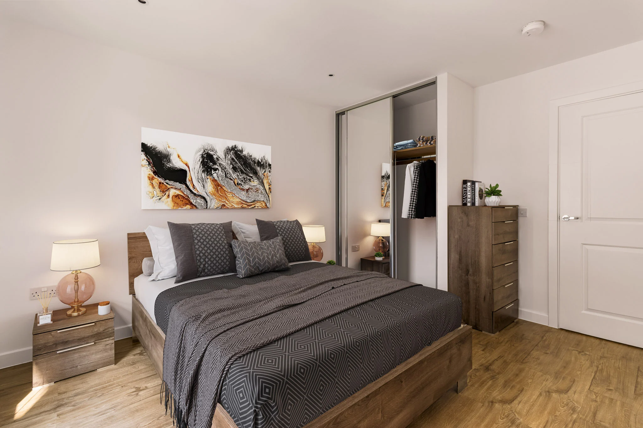 Thumbnail Fizzy Poplar bedroom with wooden bed frame, modern decor, and built-in mirrored wardrobe