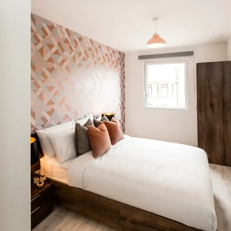 Thumbnail Bright bedroom at Fizzy Walthamstow with geometric feature wall and modern furnishings