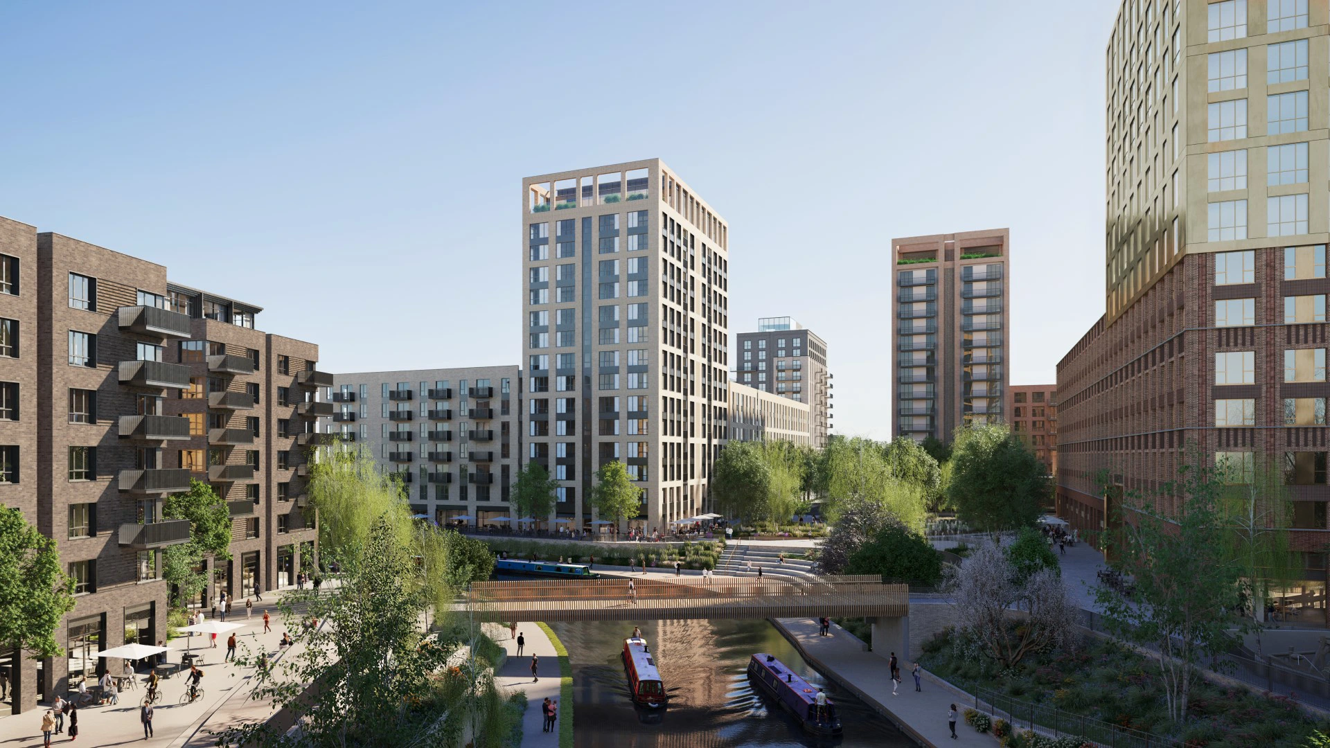 Greenford Quay development with canalside view, modern apartment blocks, and landscaped walkways