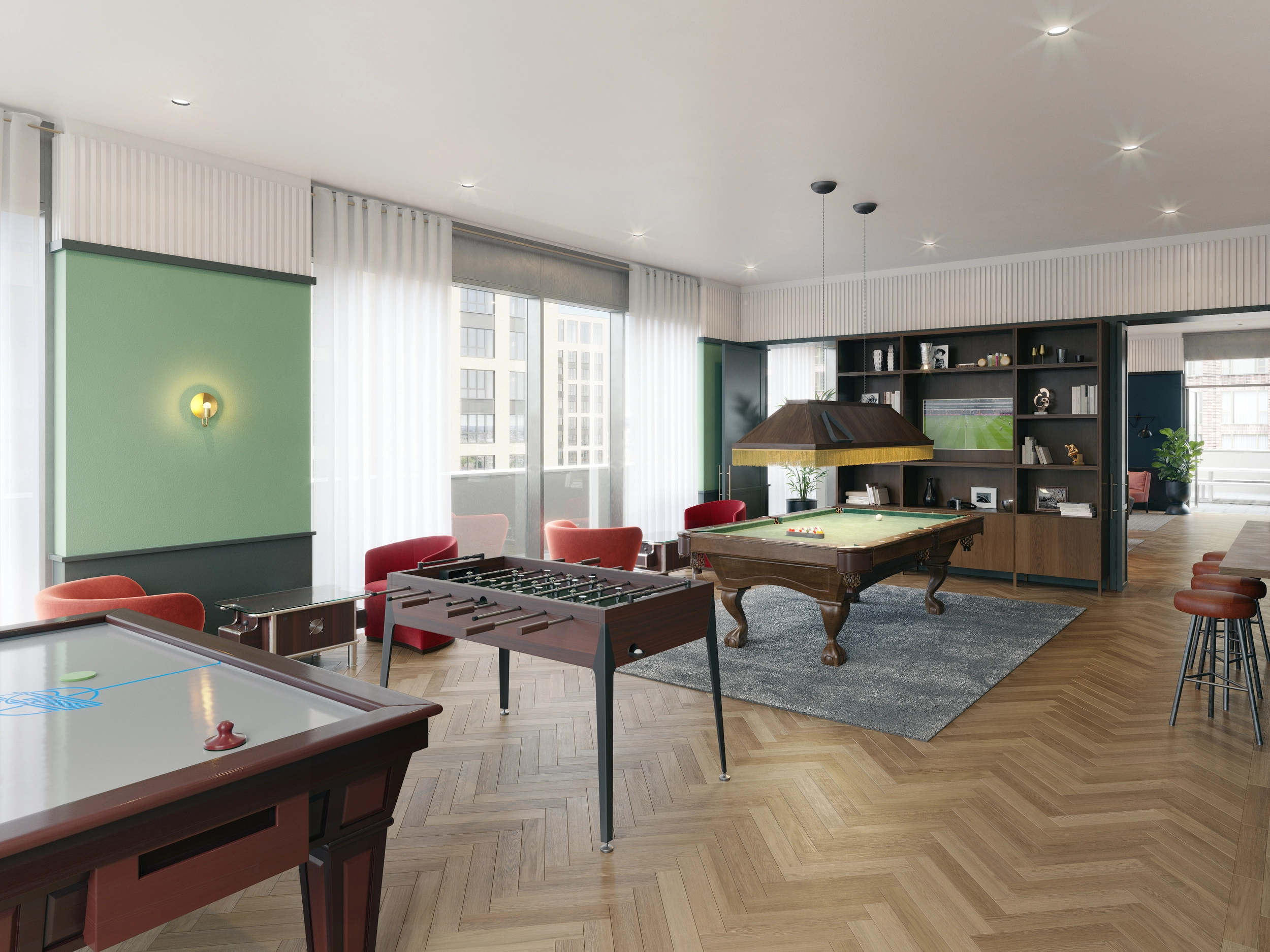 Thumbnail Communal games room at Greenford Quay featuring a billiards table, foosball, air hockey, lounge seating, and a modern en