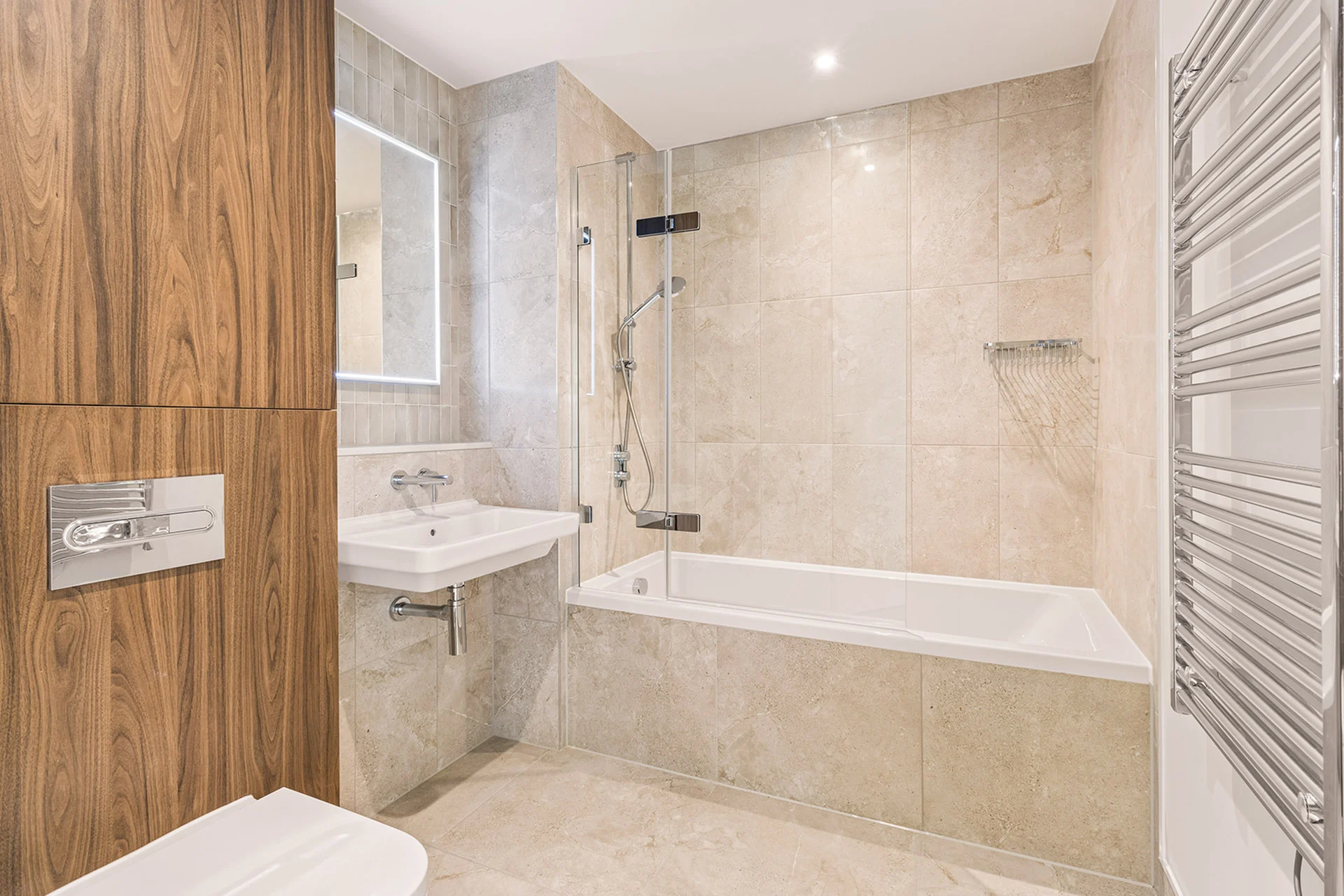Thumbnail Elegant Greenford Quay bathroom with tiled walls, bathtub, and illuminated mirror