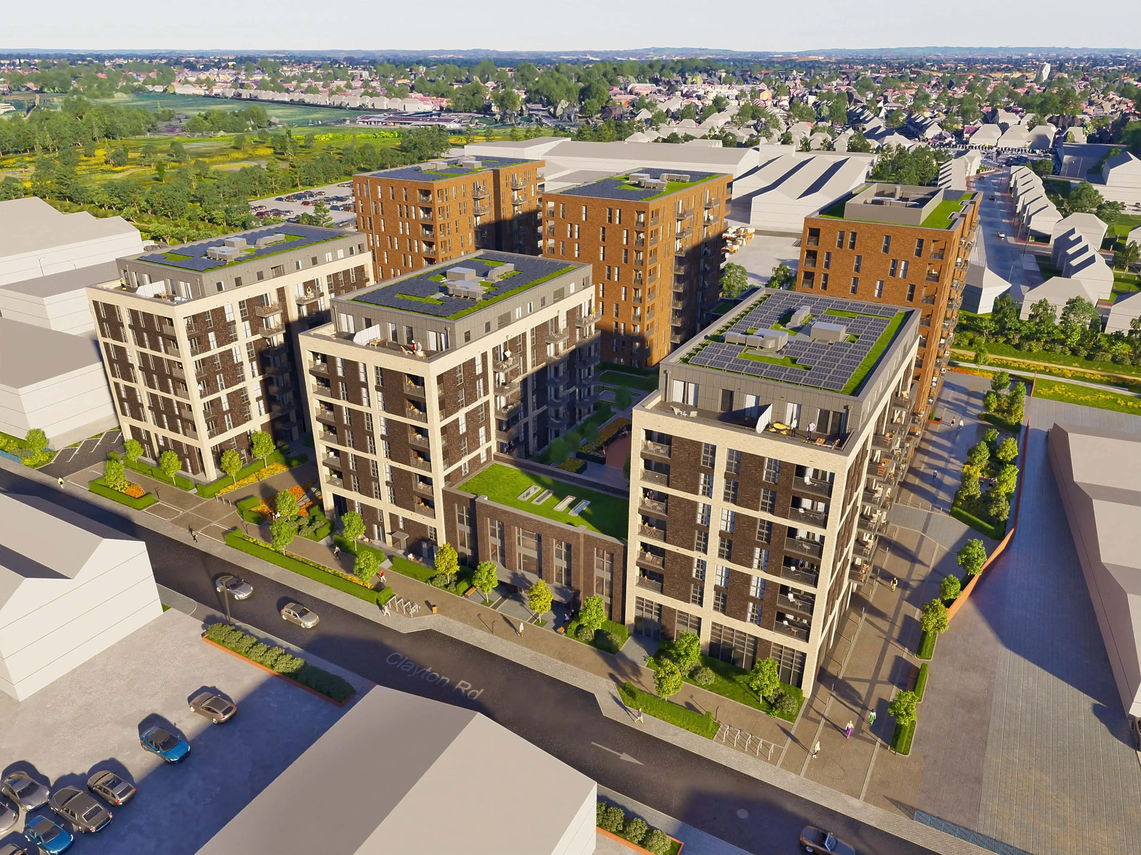 Aerial view of Momento Hayes development with landscaped rooftops and modern architecture