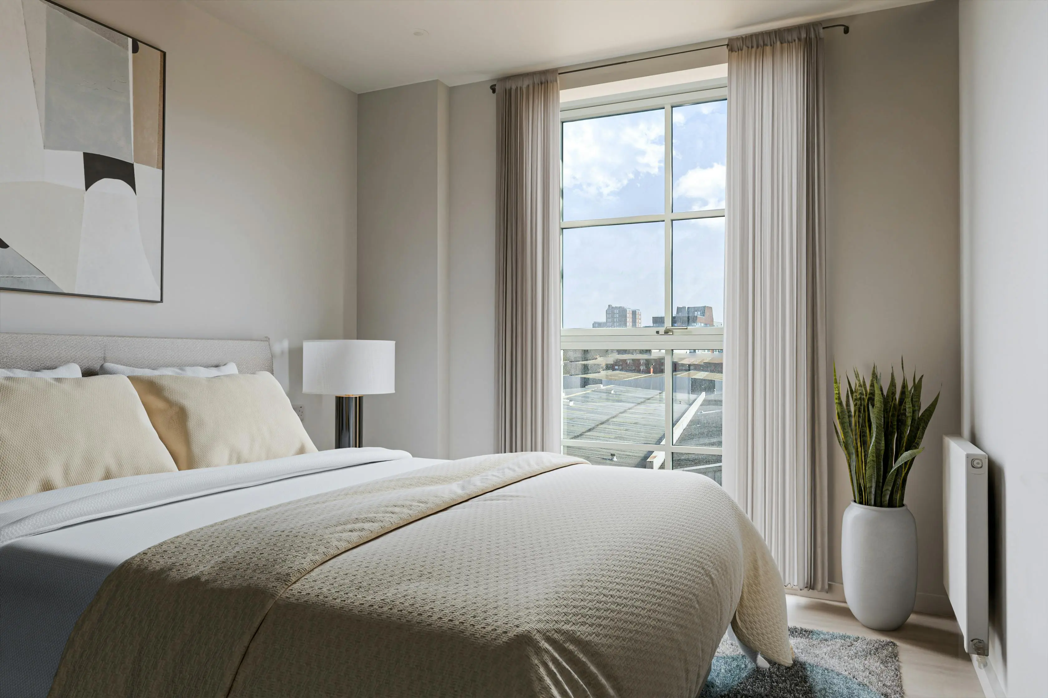 Thumbnail Bright and minimalist bedroom at Momento Hayes with large window and neutral tones