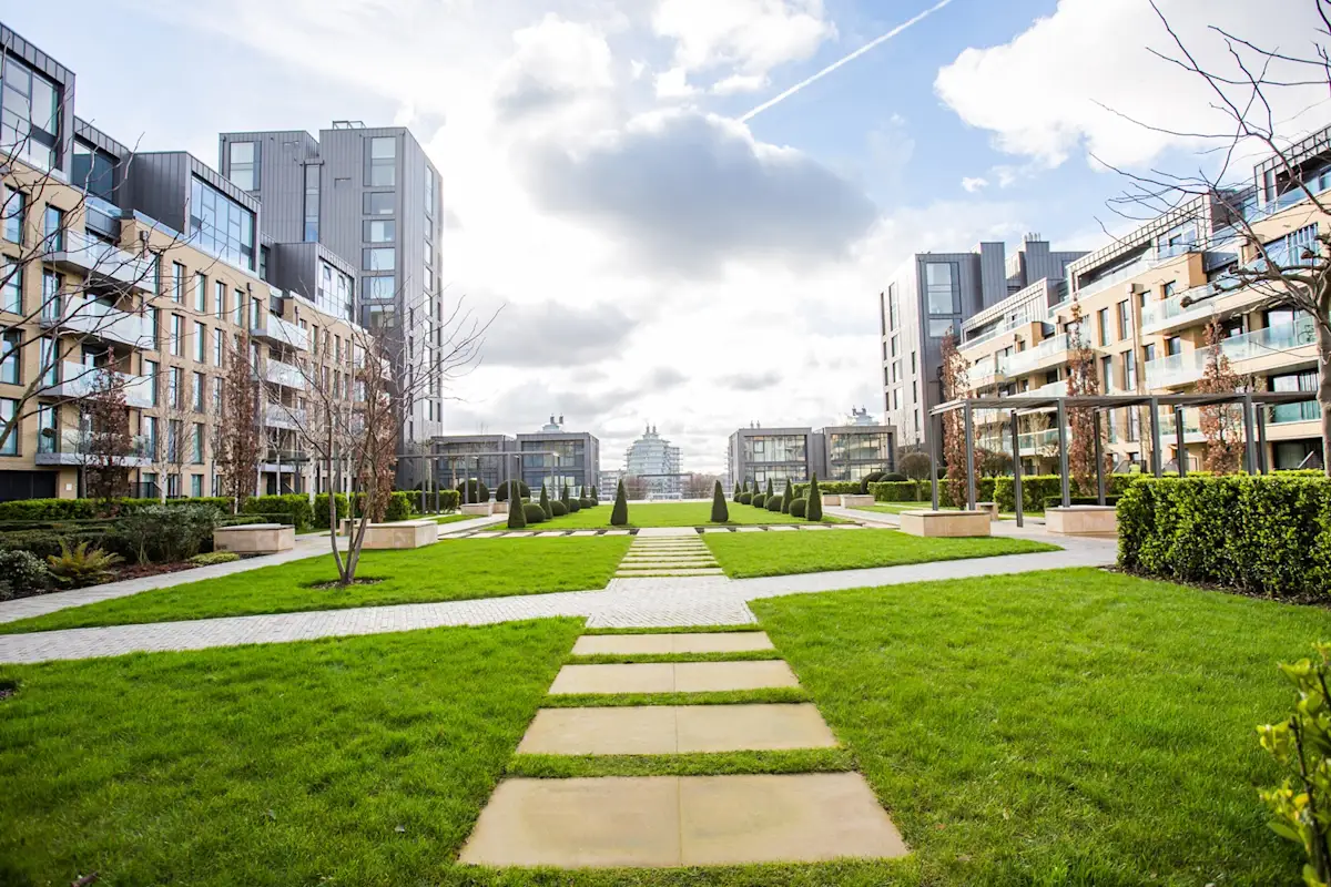 Landscaped central garden at MyLo Fulham Riverside development