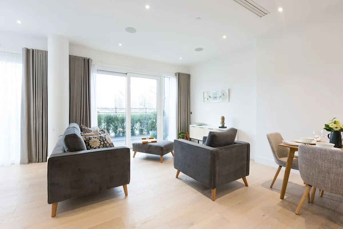 Thumbnail Bright modern living room in MyLo Fulham Riverside apartment with balcony view