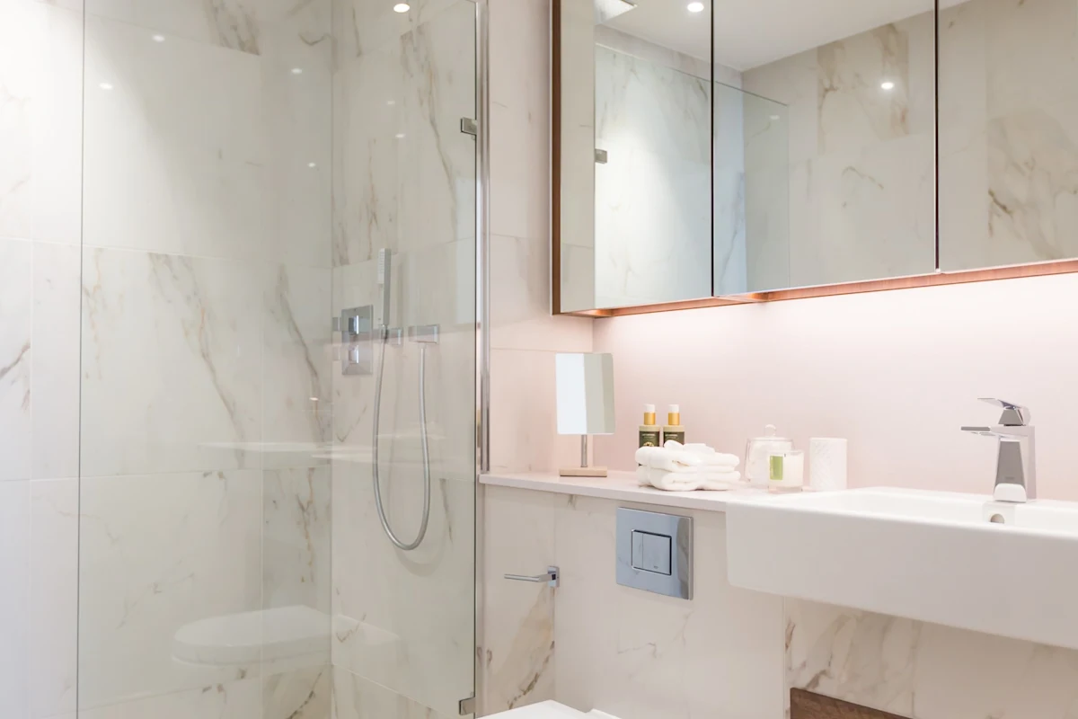 Thumbnail Luxury marble bathroom with walk-in shower at MyLo Fulham Riverside