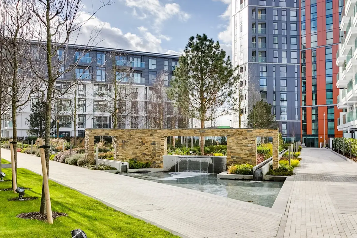 Landscaped gardens and water feature at MyLo Nine Elms Point