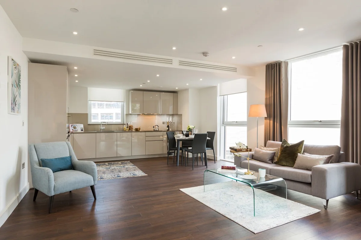Thumbnail Open-plan living area with modern kitchen at MyLo Nine Elms Point