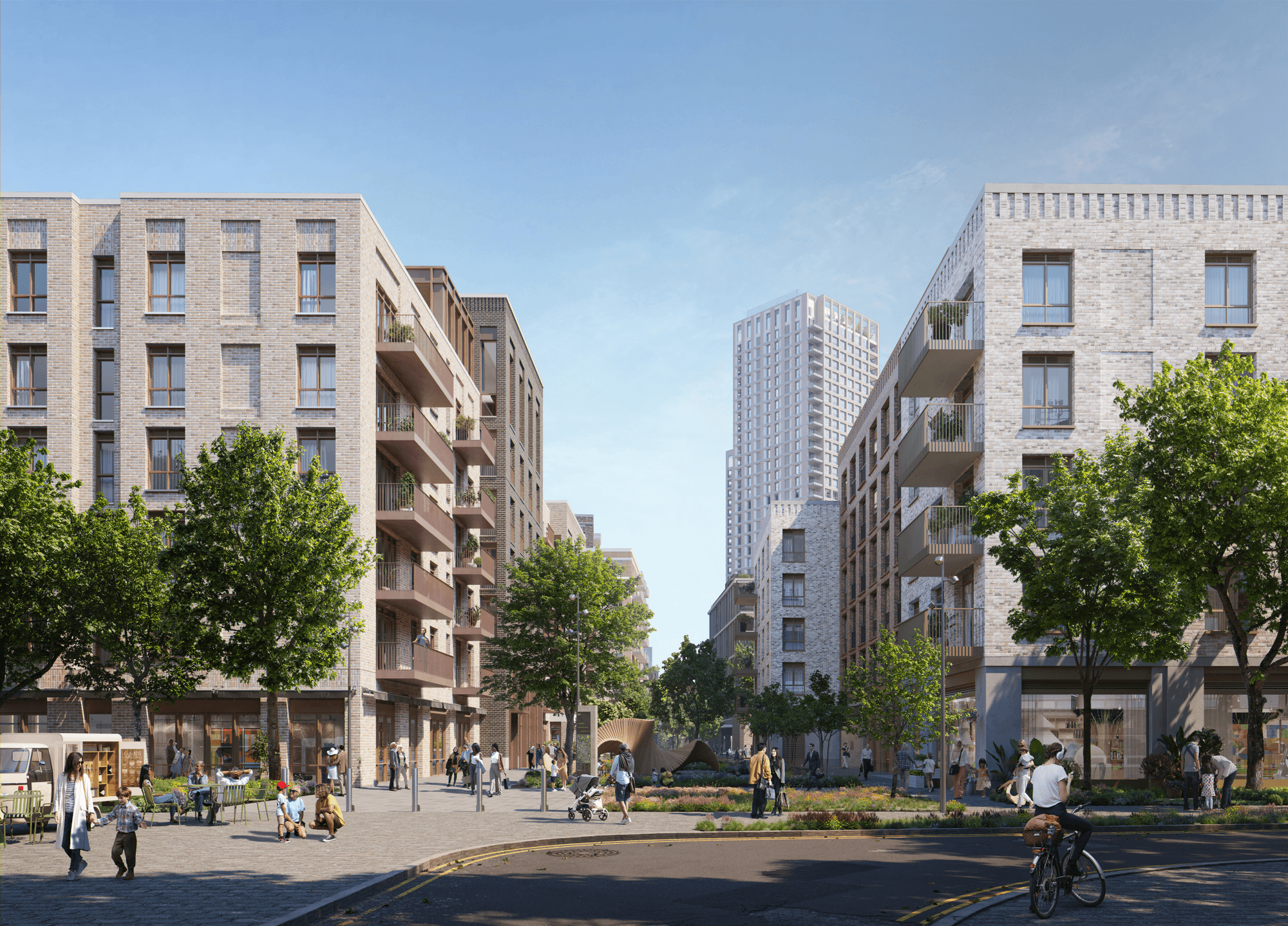 Thumbnail Street-level view of Pearl Yard, Bermondsey, showing mid-rise brick apartment buildings with balconies, a landscaped pub
