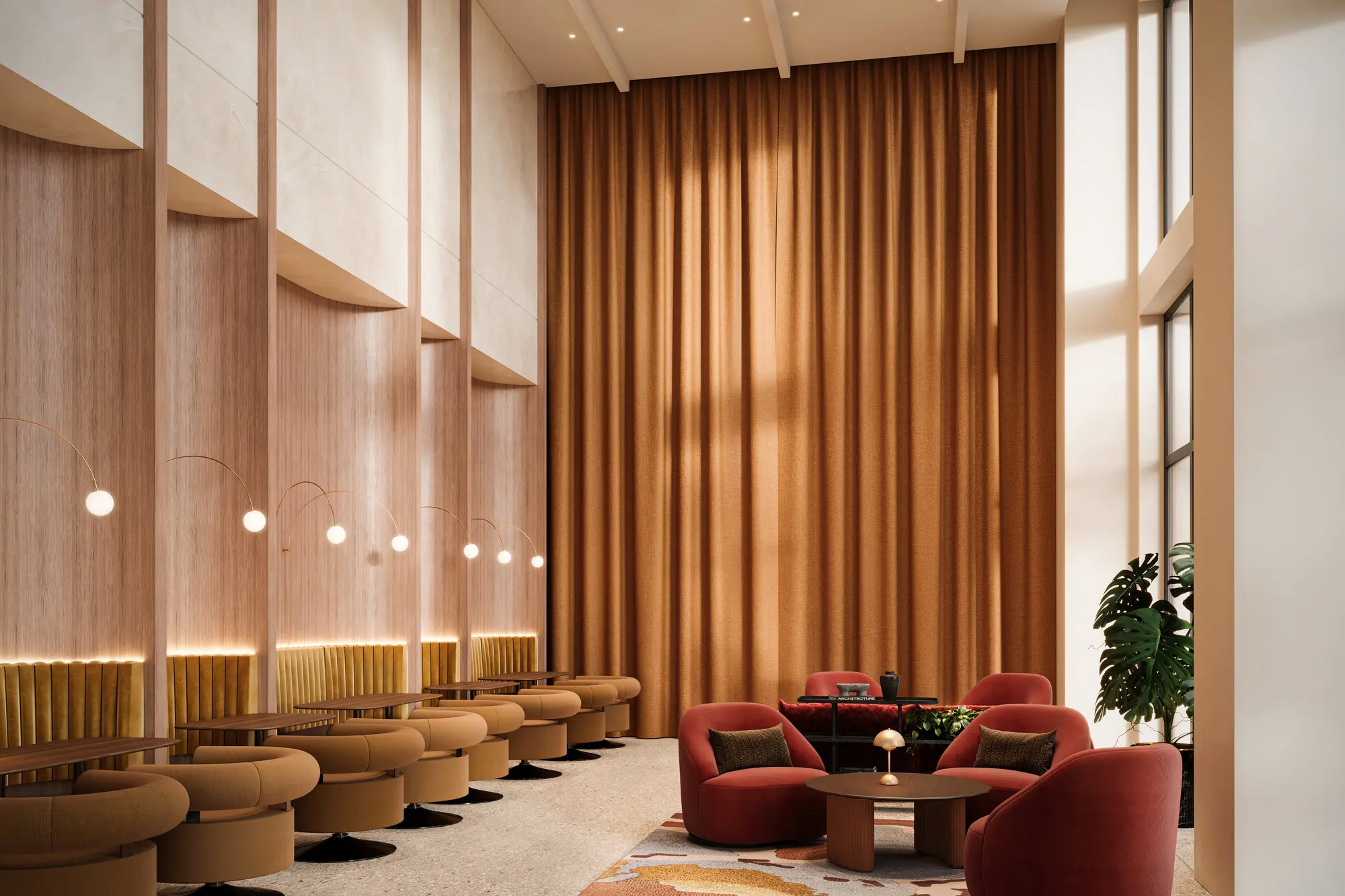 Thumbnail Stylish communal lounge with high ceilings and warm interiors at Pearl Yard, Bermondsey