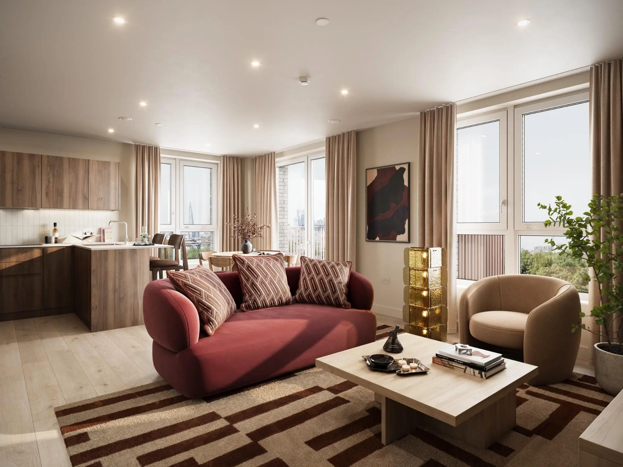 Thumbnail Stylish open-plan living and kitchen area in Pearlyard Bermondsey apartment with warm earthy tones