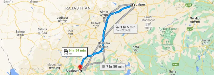 Jaipur to Udaipur distance