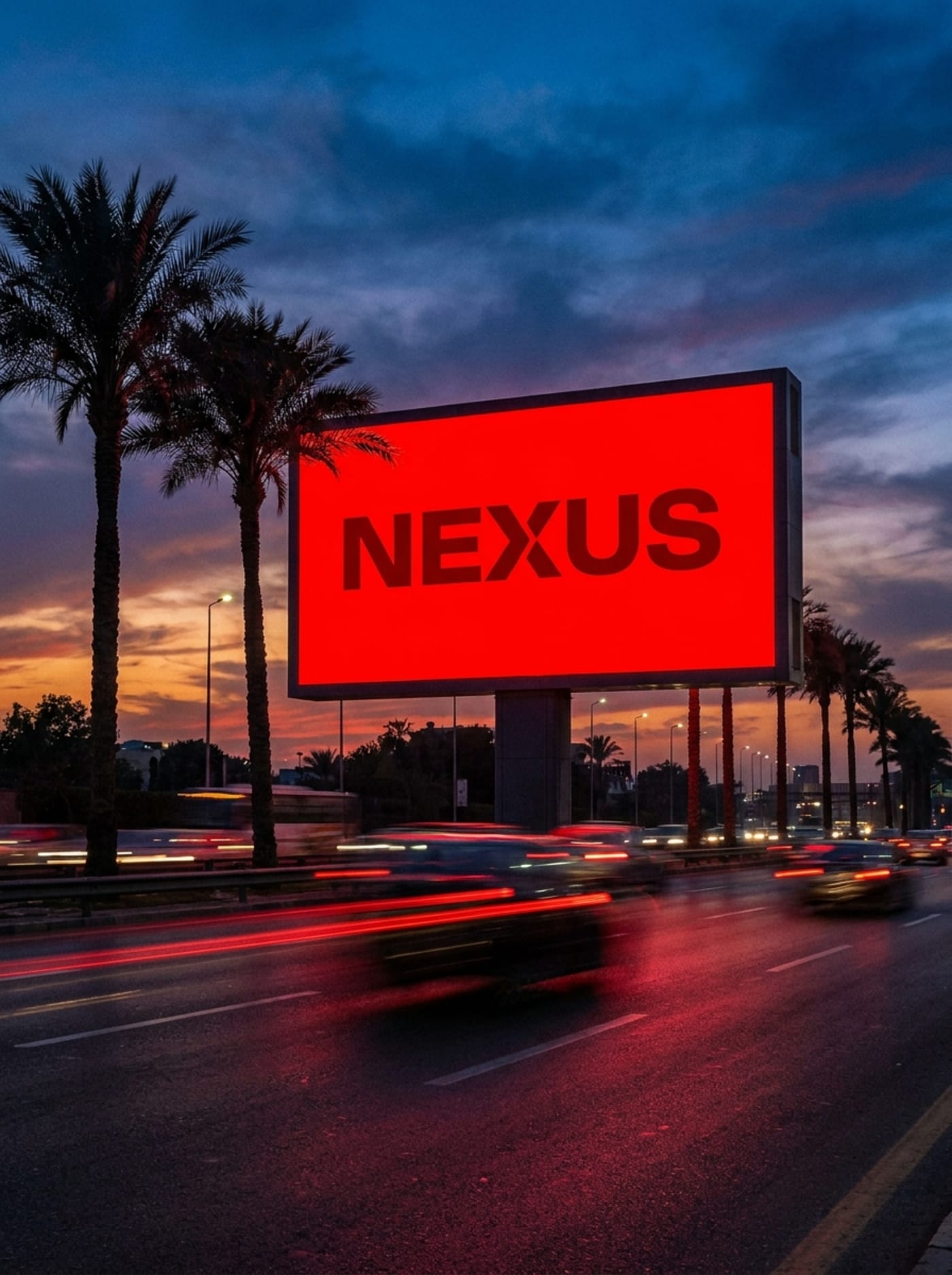OOH advertising — a Nexus billboard on a Cairo highway at dusk