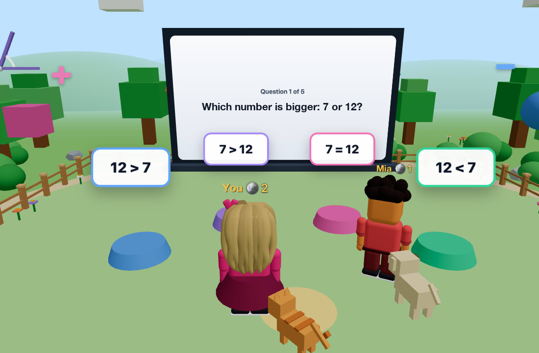 Two children in the same 3D lesson world: the question on a big screen, answers on colored platforms, each player's coin count above their avatar