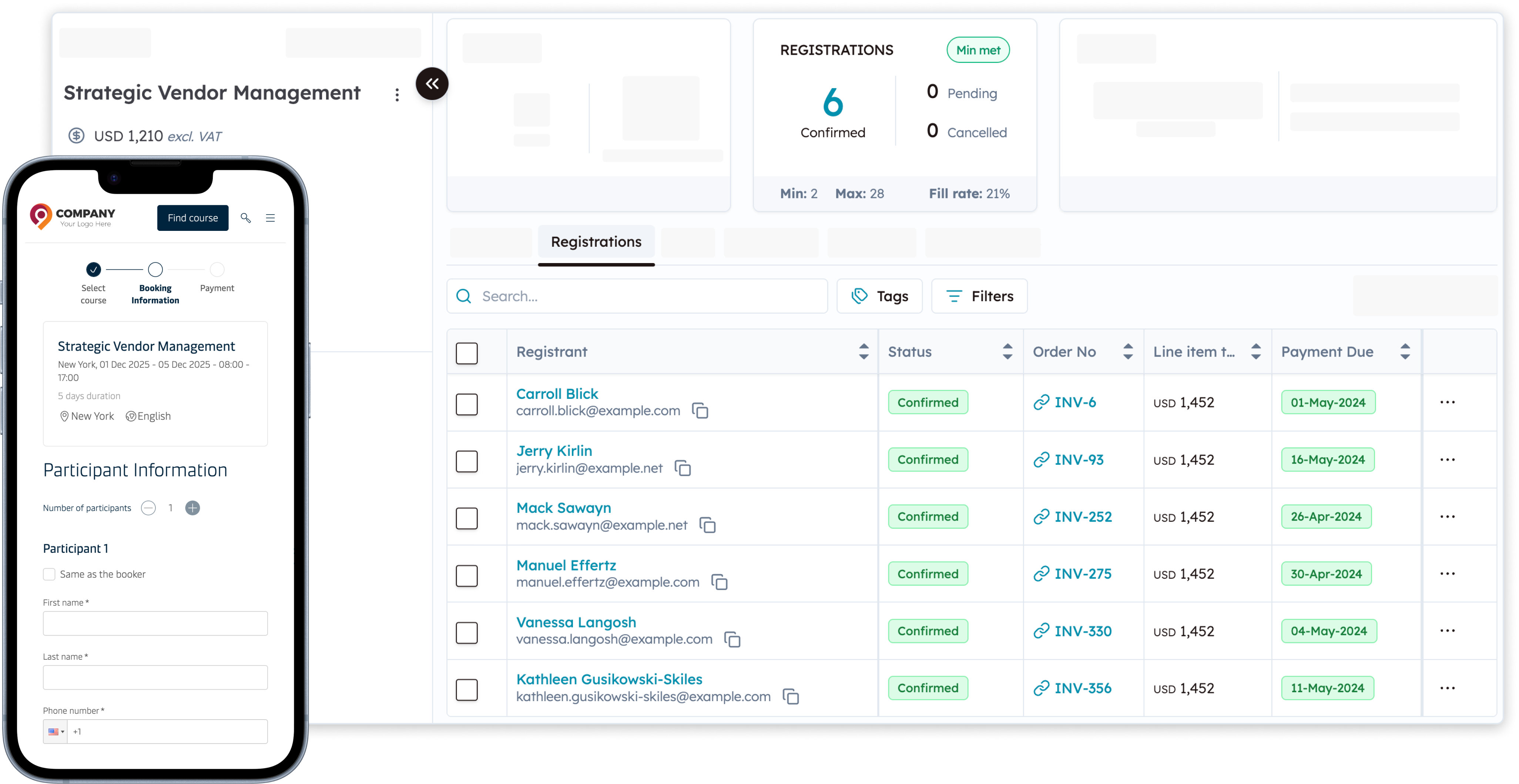 Screenshot of Registrations & Bookings feature