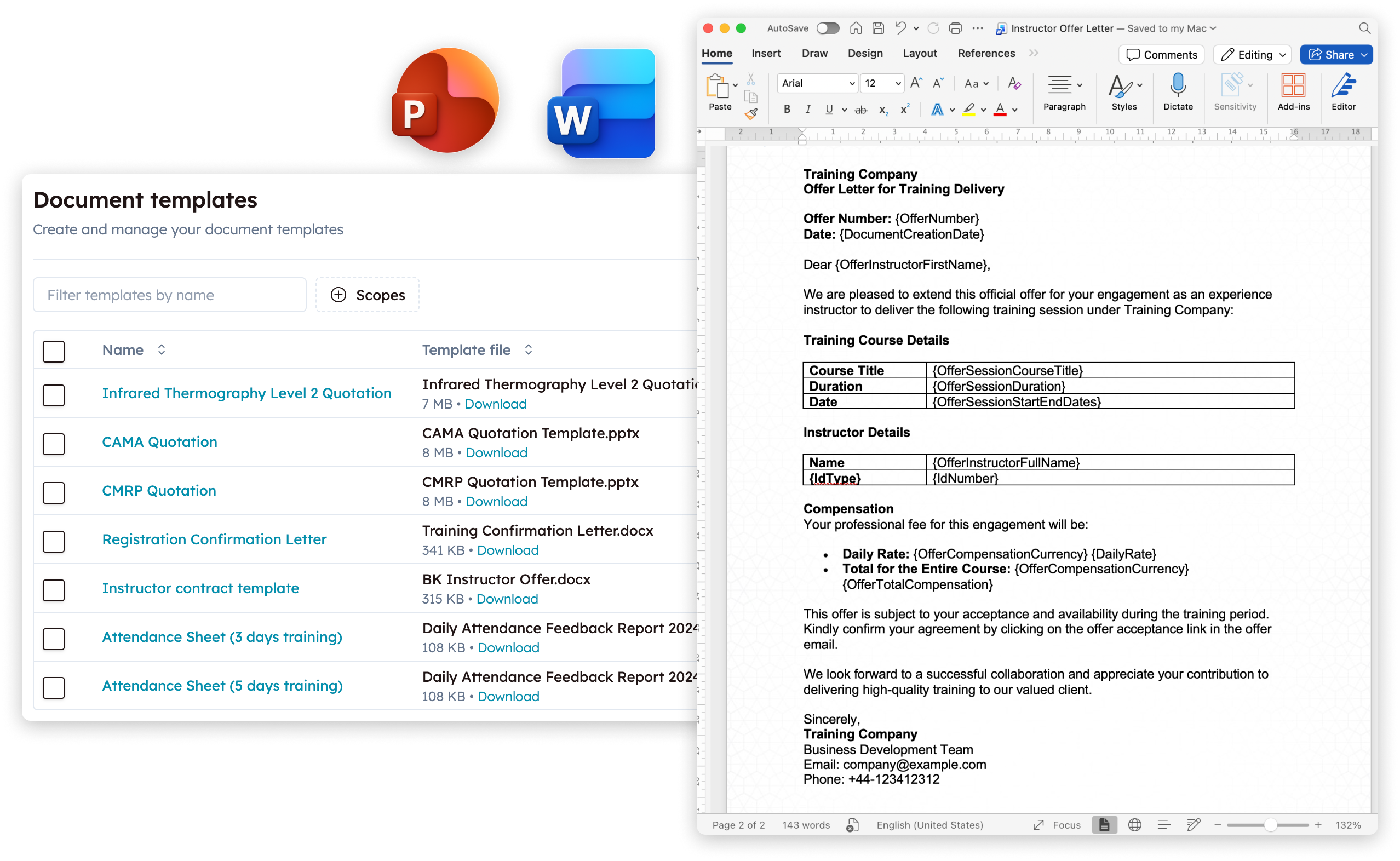 Screenshot of Document Templates feature