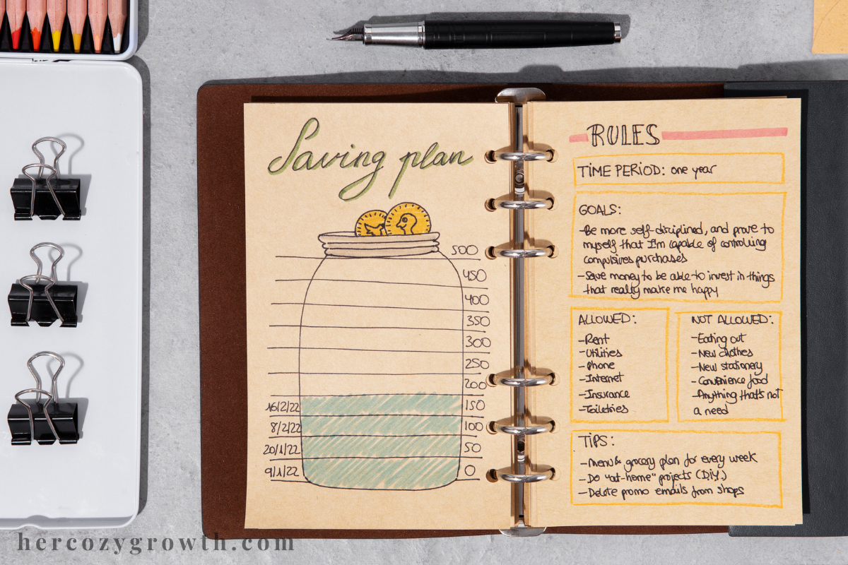 Budget journal and savings jar inspired by money mindset books