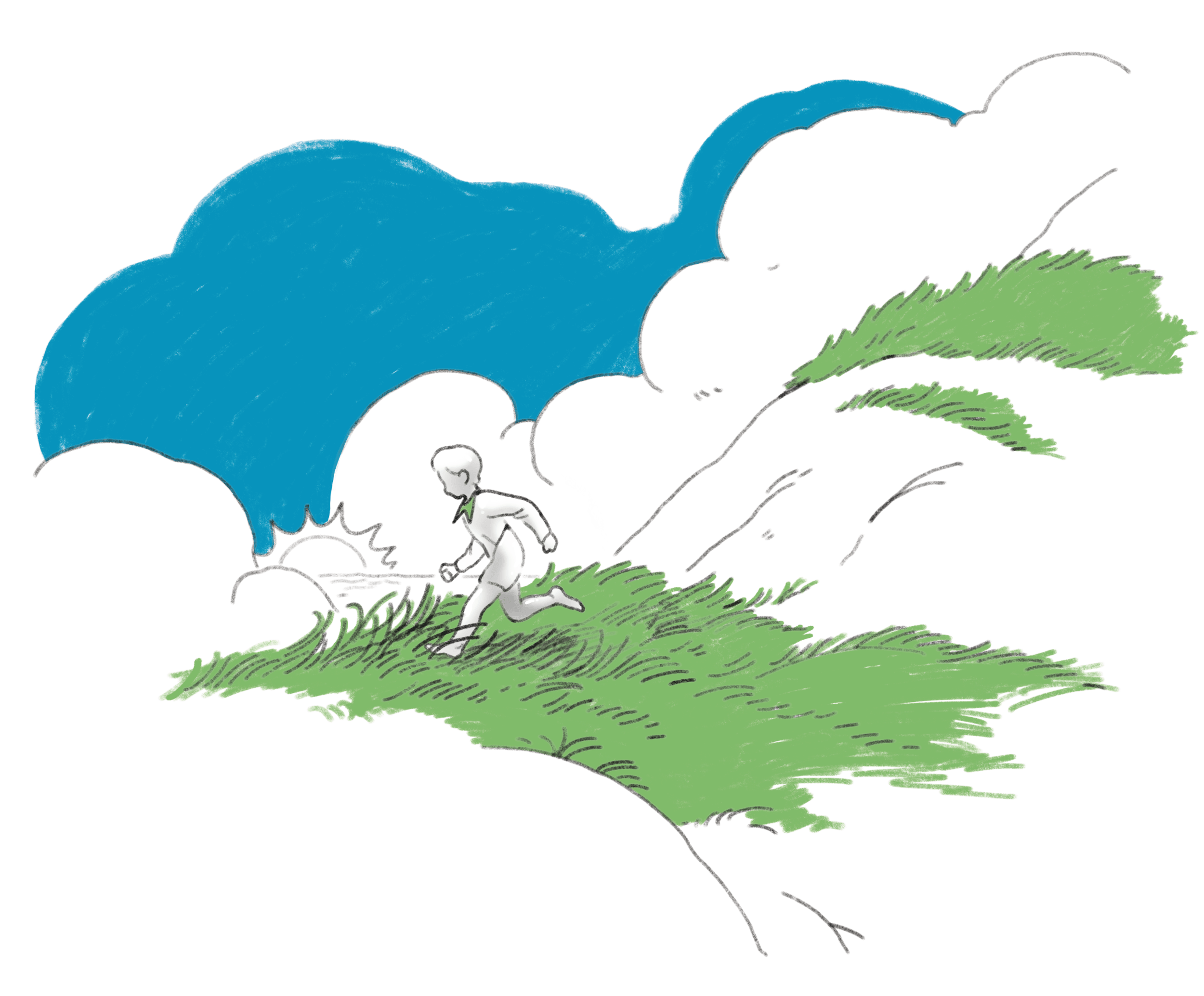 Porcelain boy running on the mountainside