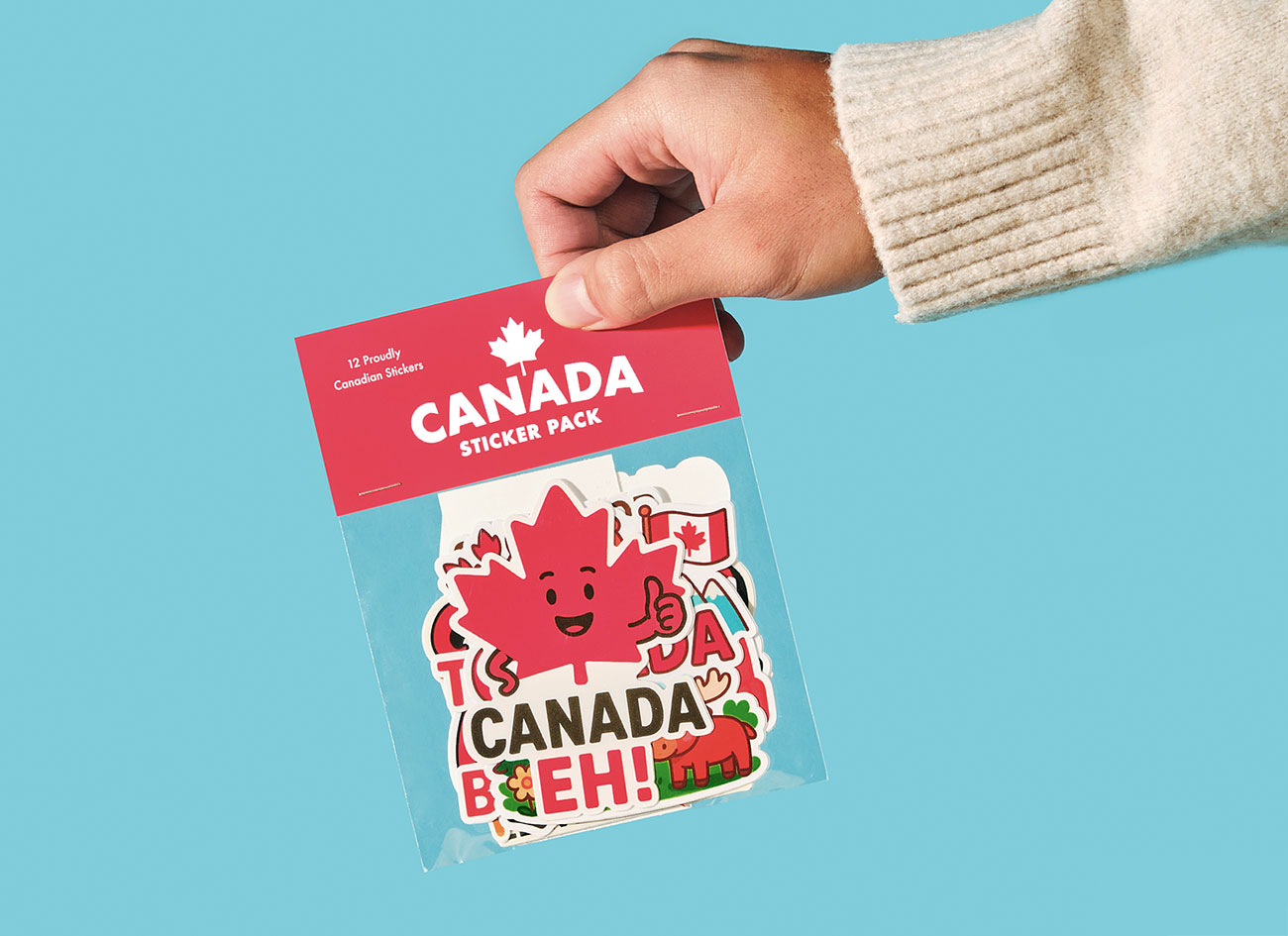 Custom sticker packs with printed bag topper card, featuring die cut vinyl stickers in various shapes and finishes