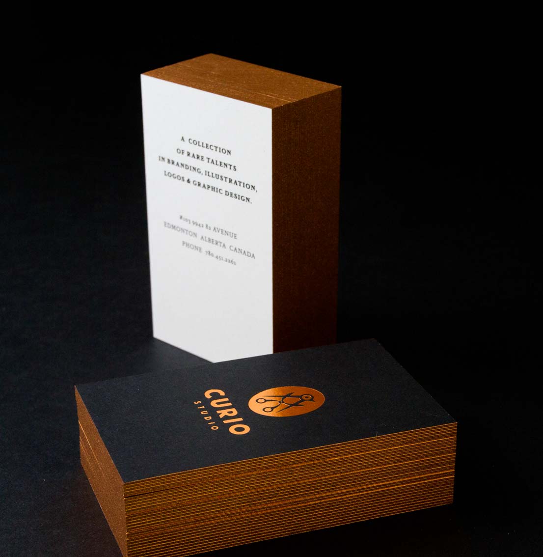 2ply Black business cards with Cotton Backing and Metallic Gold Edge Painting