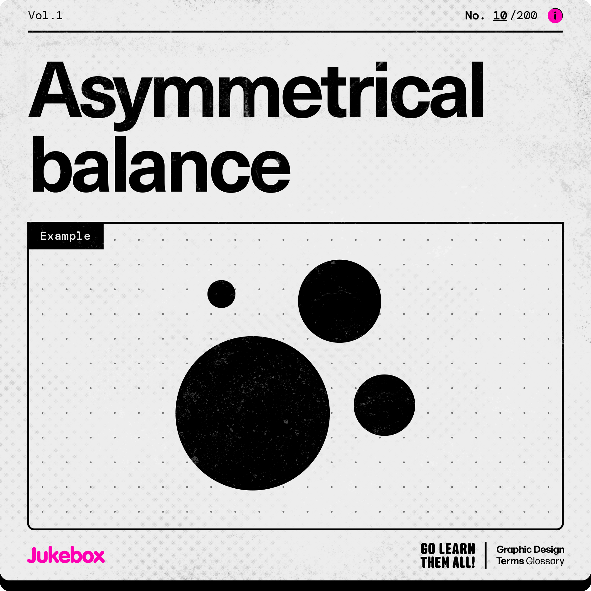 Graphic design term Asymmetrical balance, showcasing four circles placed asymmetrical while keeping in balance.