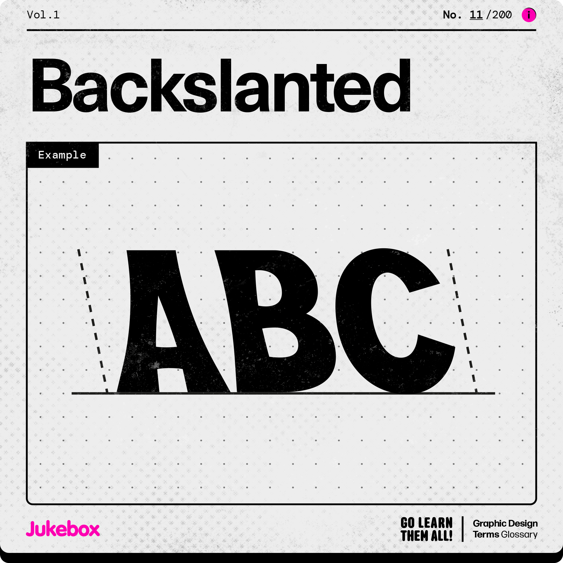 Typography term Backslanted, showcasing the letters ABC slanted to the left on a light-grey retro-inspired user manual card.