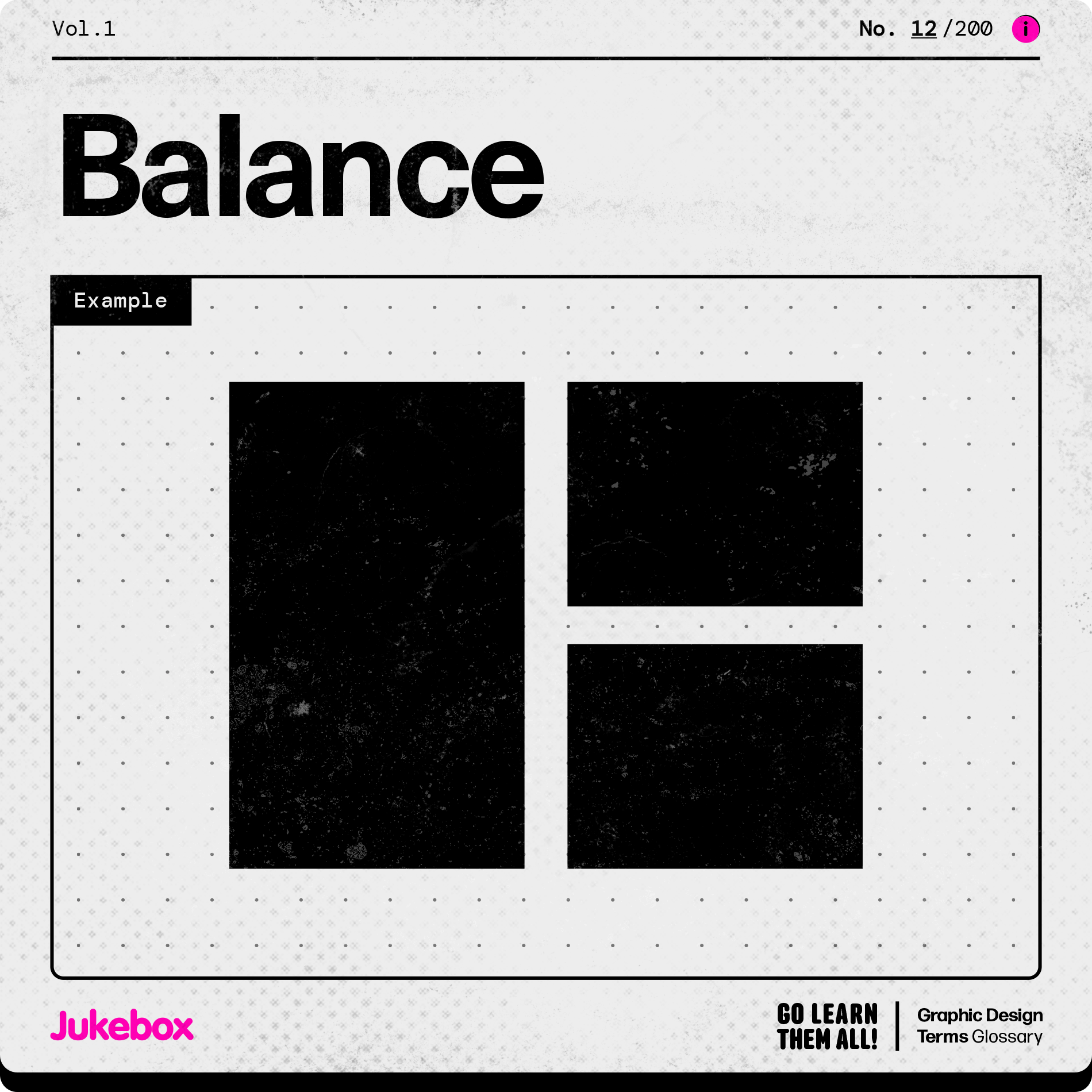 Graphic design term Balance, showcasing a large rectangle on the left column and two smaller rectangles on the right column.