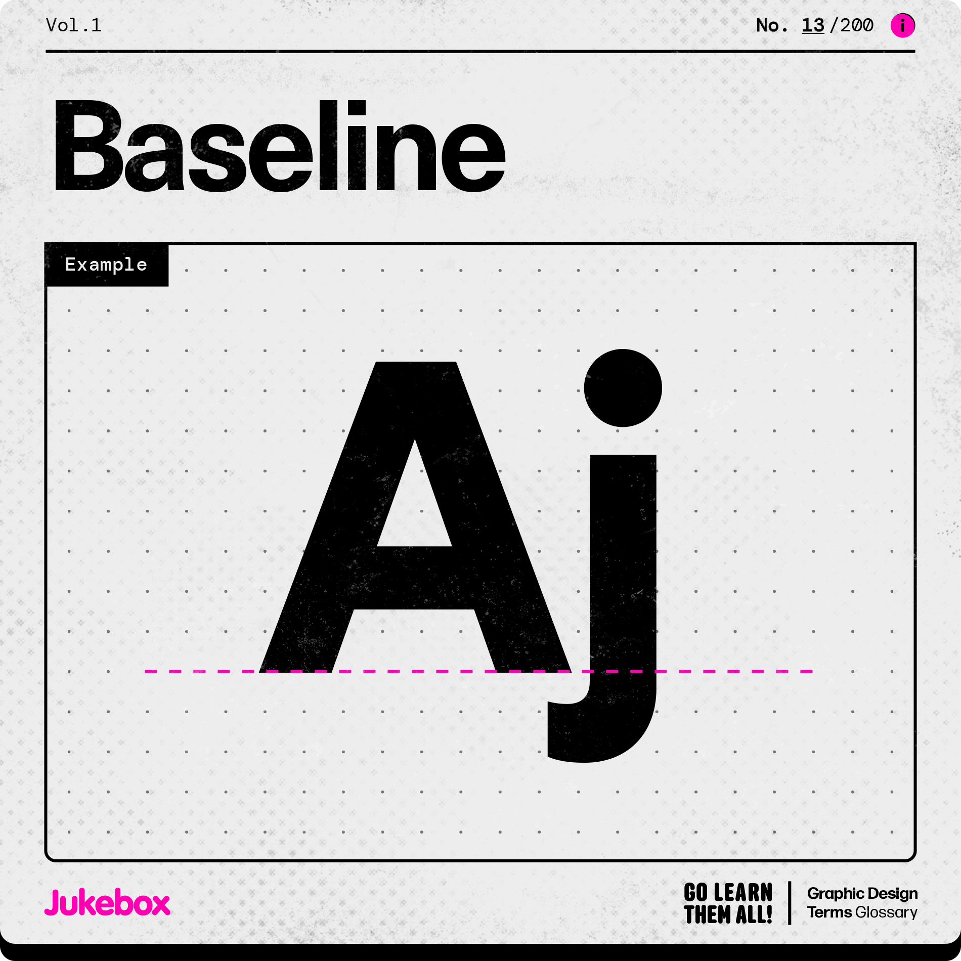 Graphic design term Baseline, showcasing the letters Aj with a pink border at the bottom of the A to show what the baseline is in typography.