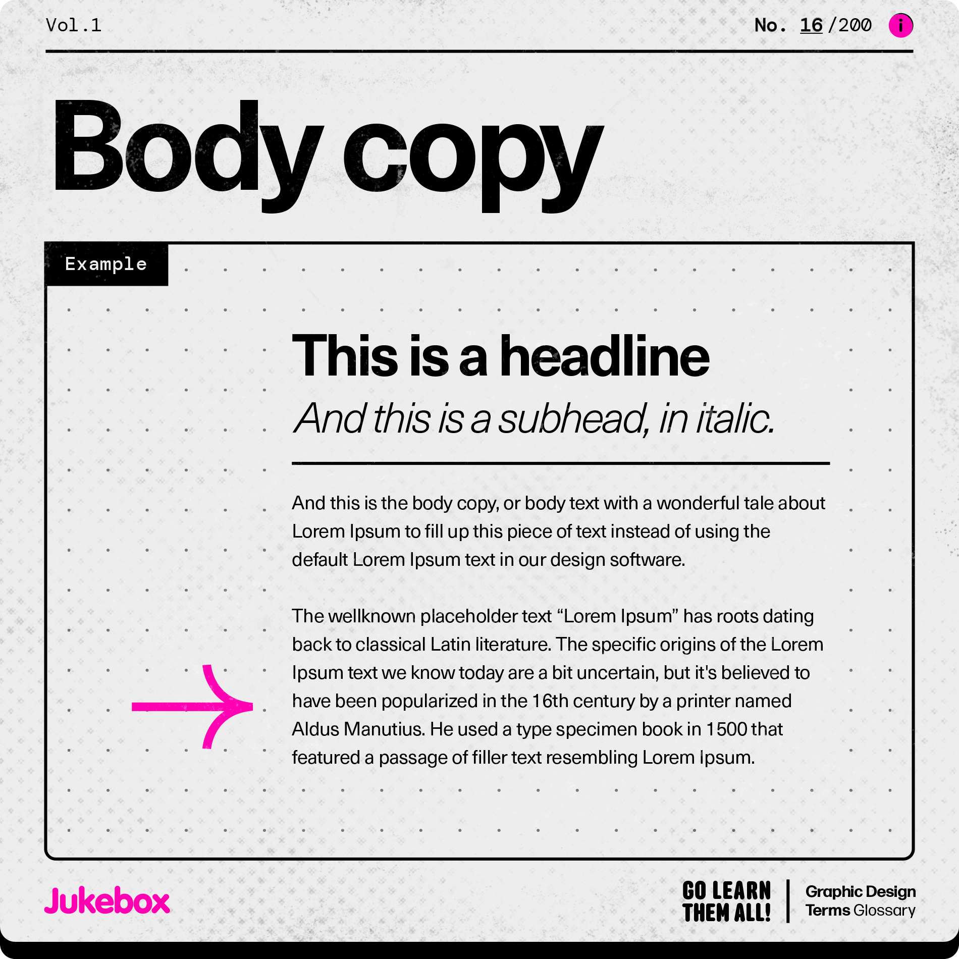 Graphic design term Body copy, showcasing different types of text with the main piece of text being pointed out by a pink arrow as the body copy.