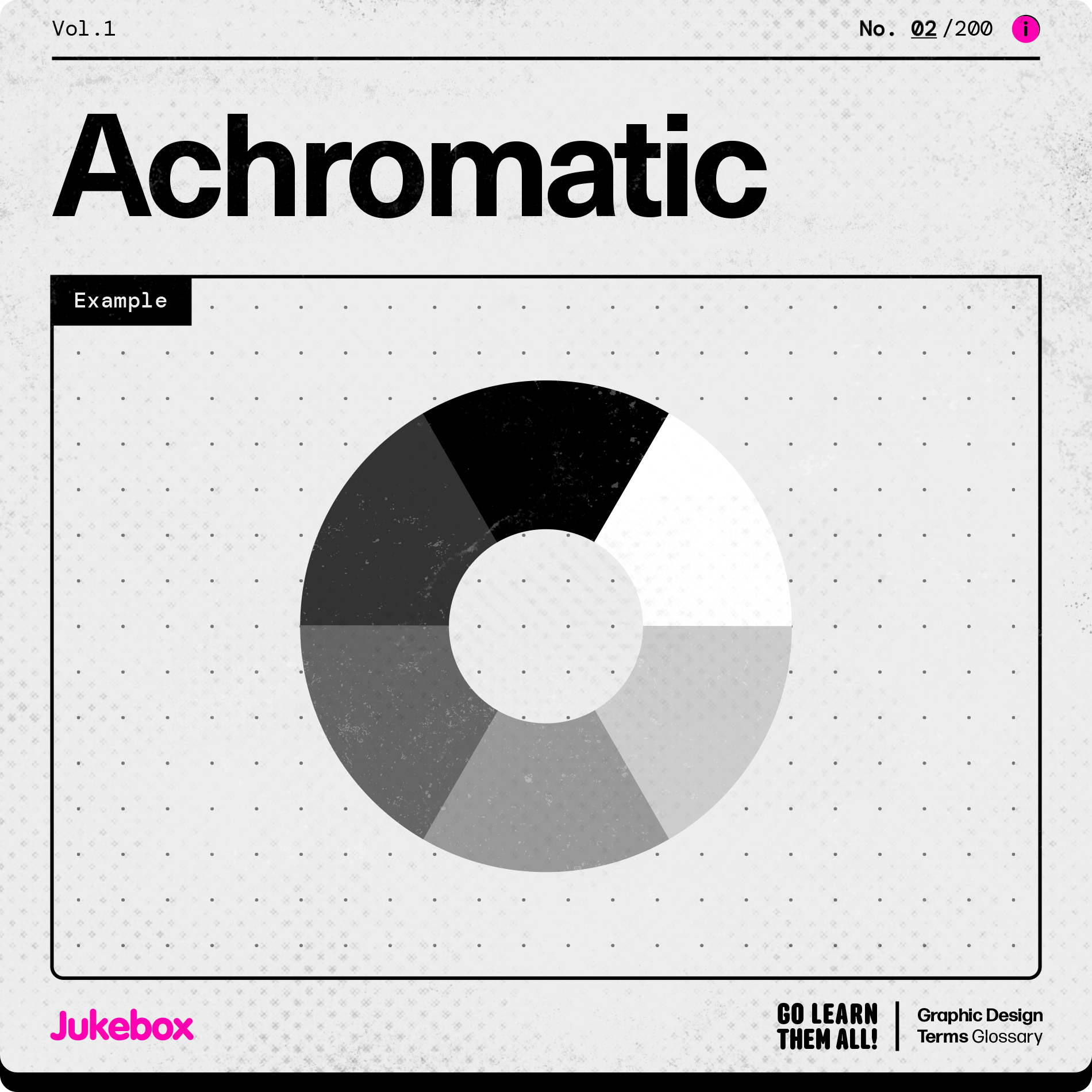 Graphic design term Achromatic, showcasing a grey color wheel on a light-grey retro-inspired user manual card.