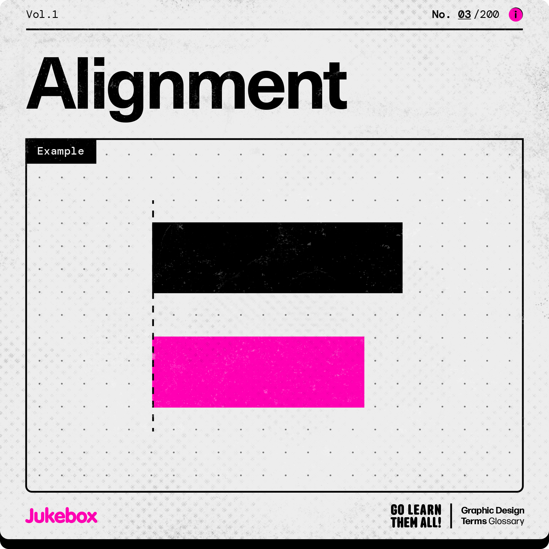 Graphic design term Alignment, showcasing two left-aligned rectangles on a light-grey retro-inspired user manual card.