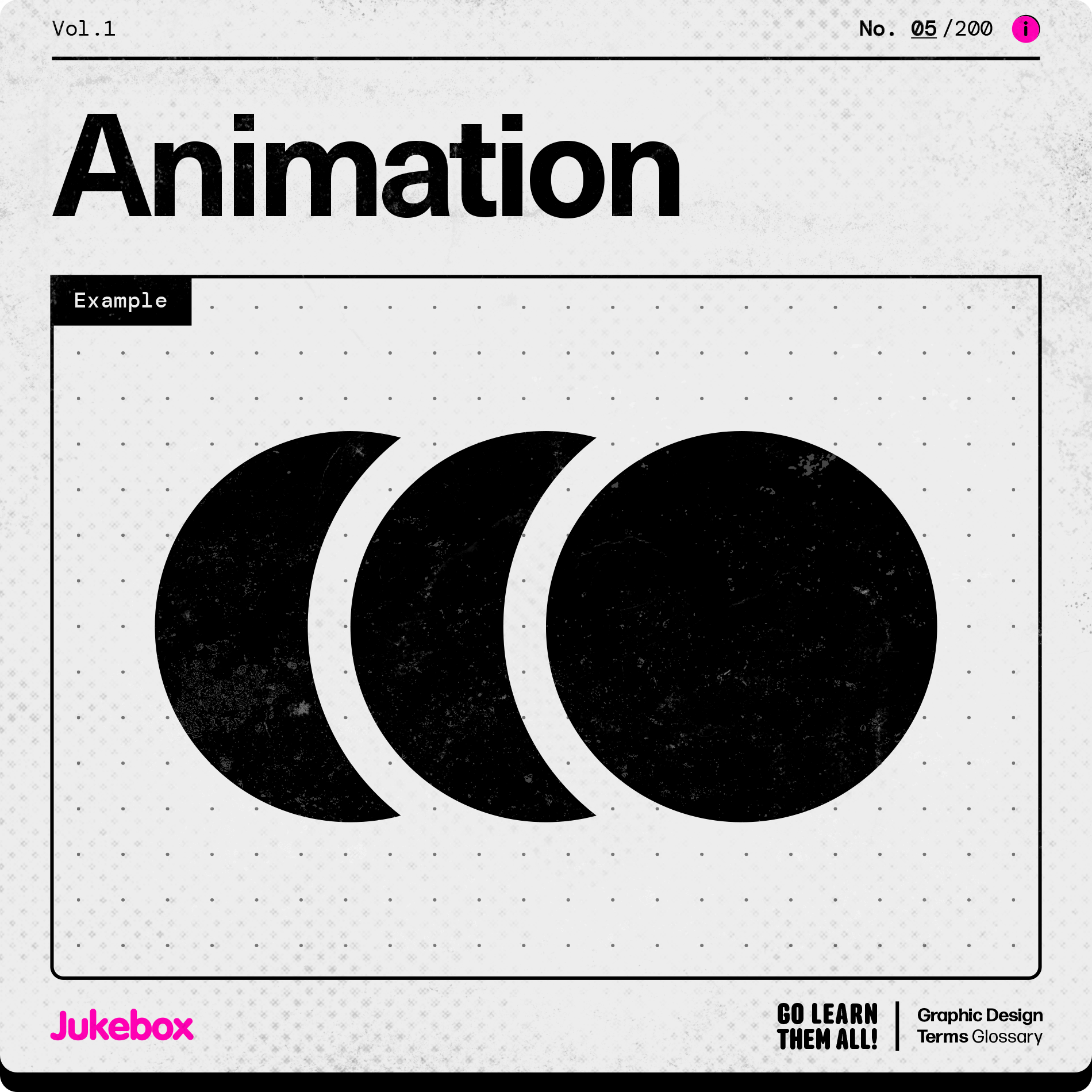 Graphic design term Animation, showcasing three moving black circles on a light-grey retro-inspired user manual card.