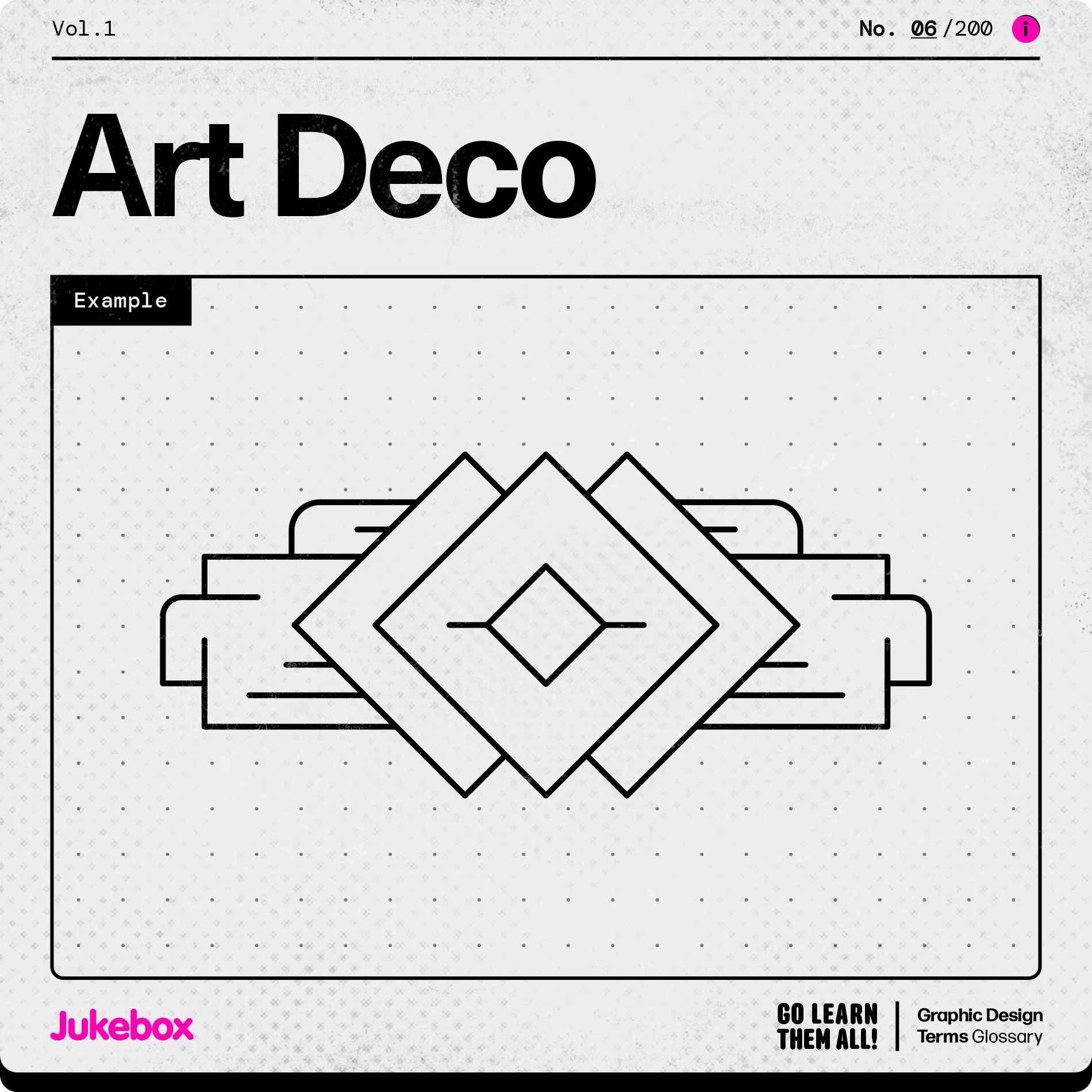 Graphic design term Art Deco, showcasing a simplified decorative ornament on a light-grey retro-inspired user manual card.