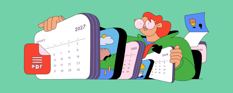 Illustration of a person holding printable calendar pages for 2027 through 2030 beside a PDF file icon