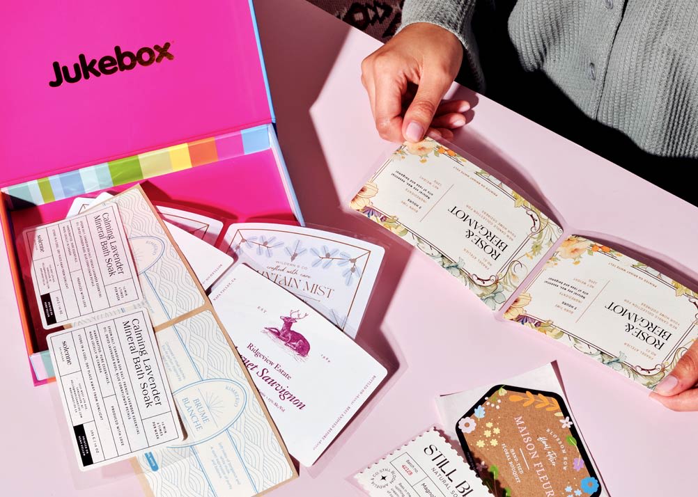 Jukebox label sample pack including premium paper stocks and BOPP material samples