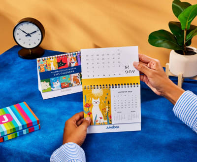 Custom desk calendar standing on a desk