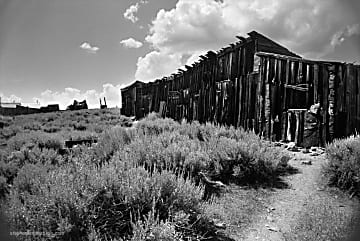 Black and white landscape photograph of old barn, grassy foreground and puffy clouded sky