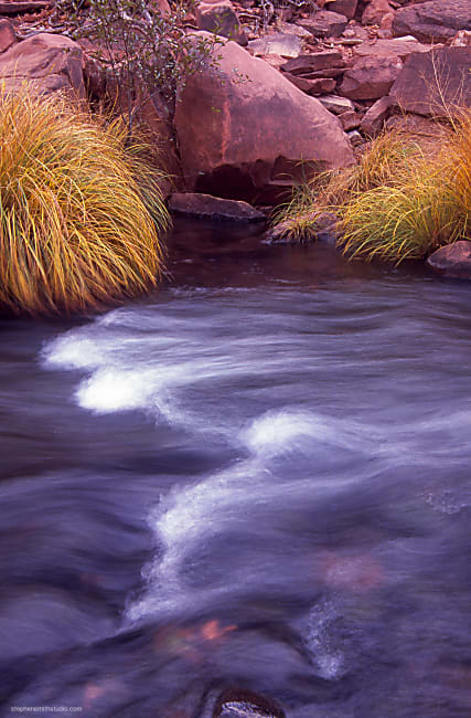 Landscape photograph of moving water, red rocks and yellow grasses