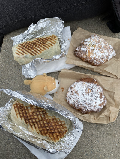 Stressba with burritos from Il Canto & croissants from Neighbor Bakehouse at Crane Cove