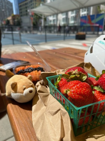 Getting her fill of local farmers' market fruits