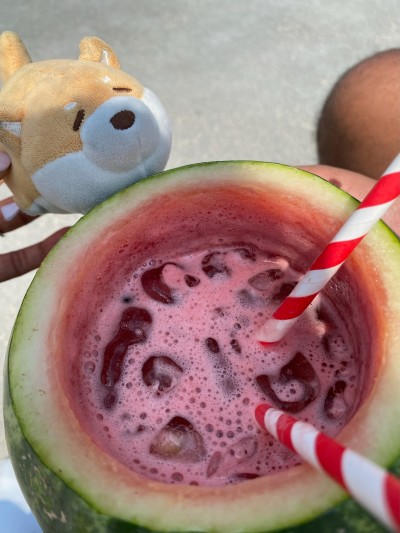 Preparing to dunk herself in a watermelon at Smorgasburg in Brooklyn