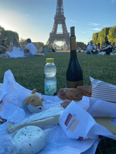 Snacking on cheese, bread, and wine at the Eiffel Tower