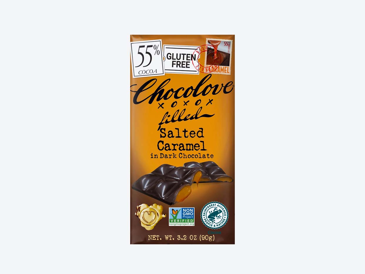 Chocolove Dark Chocolate, Salted Caramel, Filled, 55% Cocoa - 3.2 oz