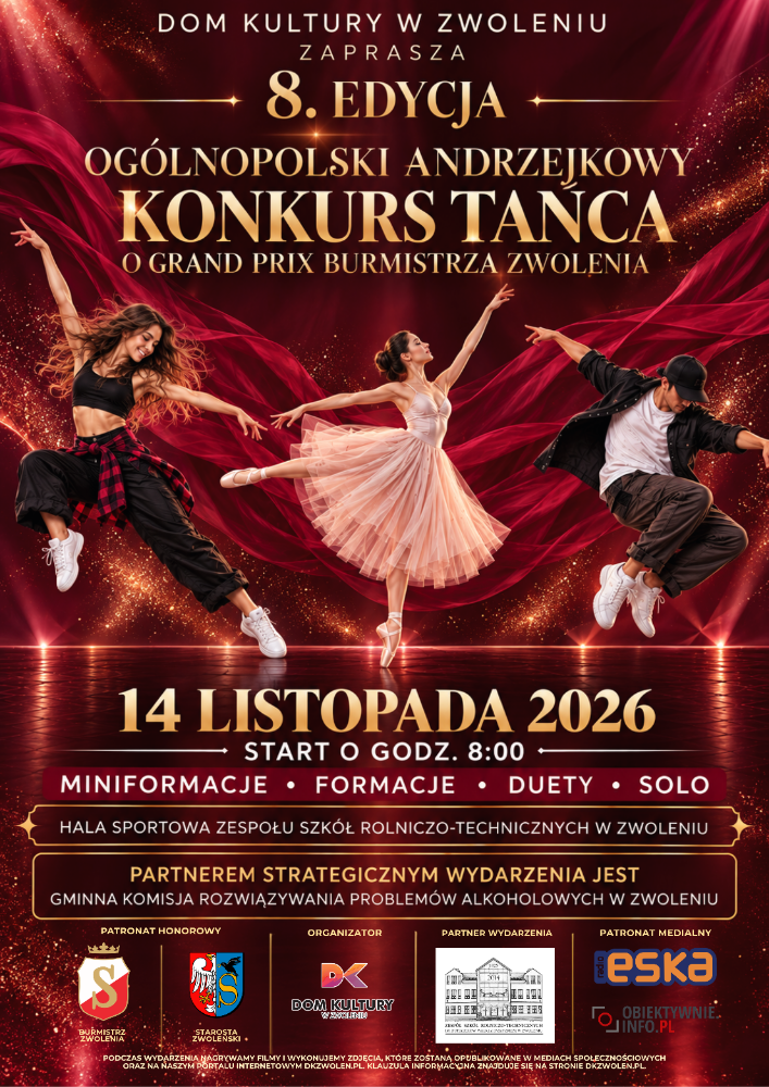 Plakat turnieju 8. Ogólnopolski Andrzejkowy Konkurs Tańca o Grand Prix Burmistrza Zwolenia 2026