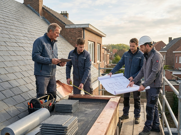 Ervaren team van dakwerkers op het dak tijdens een dakrenovatie project in Oostende